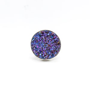 Druzy ring set in Sterling silver Titanium Aura ring Druzy Round Blue Purple quartz. image 2