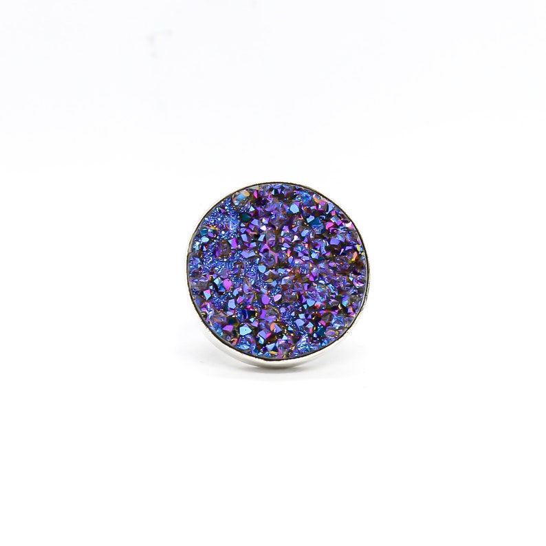 Druzy ring set in Sterling silver Titanium Aura ring Druzy Round Blue Purple quartz. image 2