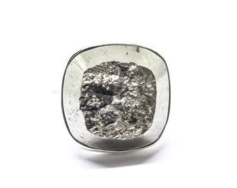 Unusual Natural Gold Pyrite Ring in Sterling Silver 925, Square, Statement, One Of Kind, Ring Size 8