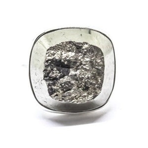 Anillo de pirita en plata de ley 925, cuadrado, declaración, único en su tipo, tamaño de anillo 8
