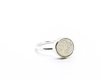 Special sale Druzy Ring set in sterling silver (92.5). Size -5, 6,7,8. White druzy 9mm round. Solid silver.