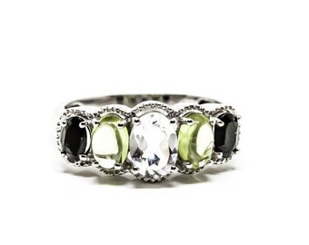 Multistone ring set in sterling silver 92.5. Aquamarine, Black Tourmaline, Peridot, Natural authentic stones, Size-7, 8, One Of A Kind