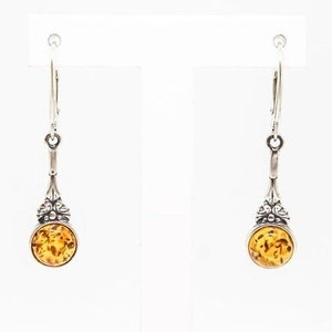 Amber earrings set in sterling silver, Yellow Amber, Round, Perfectly matched, Statement, Earrings, Dangling, Drop, Natural, Gift For Her