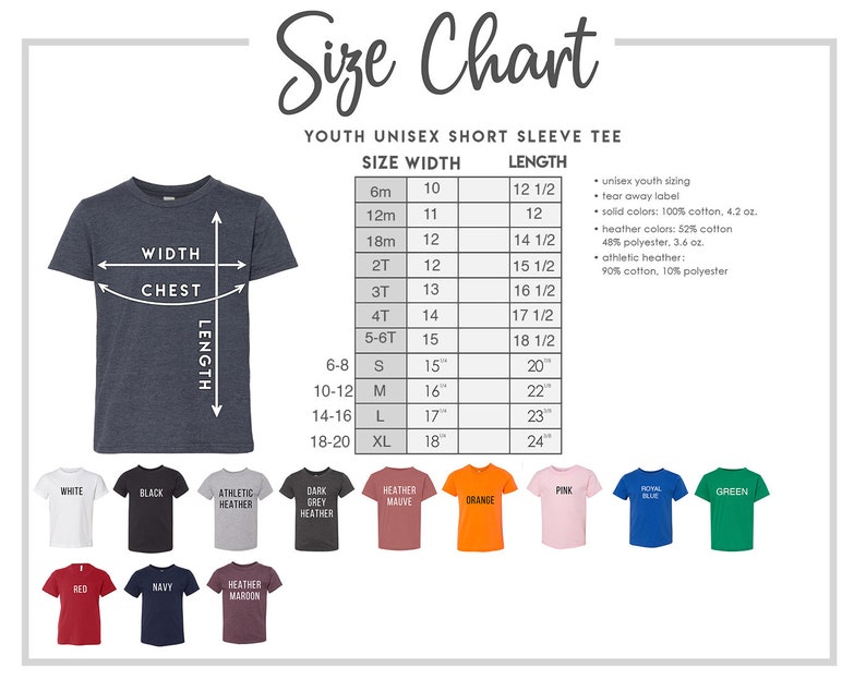 May include: Size chart for youth unisex short sleeve t-shirts. The chart shows sizes from 6 months to 18-20 years old, with corresponding width and length measurements in inches. The chart also includes information about the fabric composition and weight for different colours.