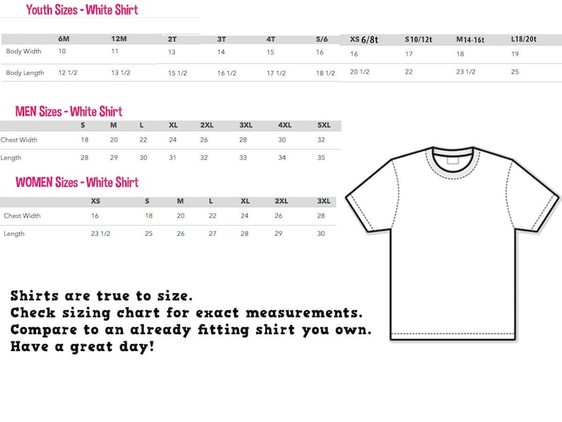 Peut inclure: T-shirt blanc avec des tableaux de tailles pour enfants, hommes et femmes. Les tableaux comprennent les mesures de la largeur et de la longueur du corps, de la largeur de la poitrine et de la longueur. Le texte sur l'image dit "Les chemises sont fid&egrave;les &agrave; la taille."