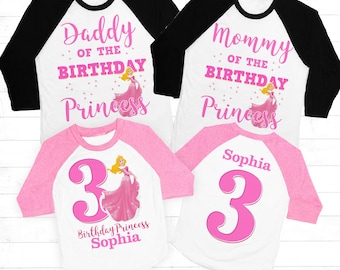 Camiseta de cumpleaños de la Bella Durmiente, camiseta de cumpleaños de Aurora, camiseta de cumpleaños familiar de la Princesa Aurora, camiseta de cumpleaños rosa para niñas, raglán, personalizada