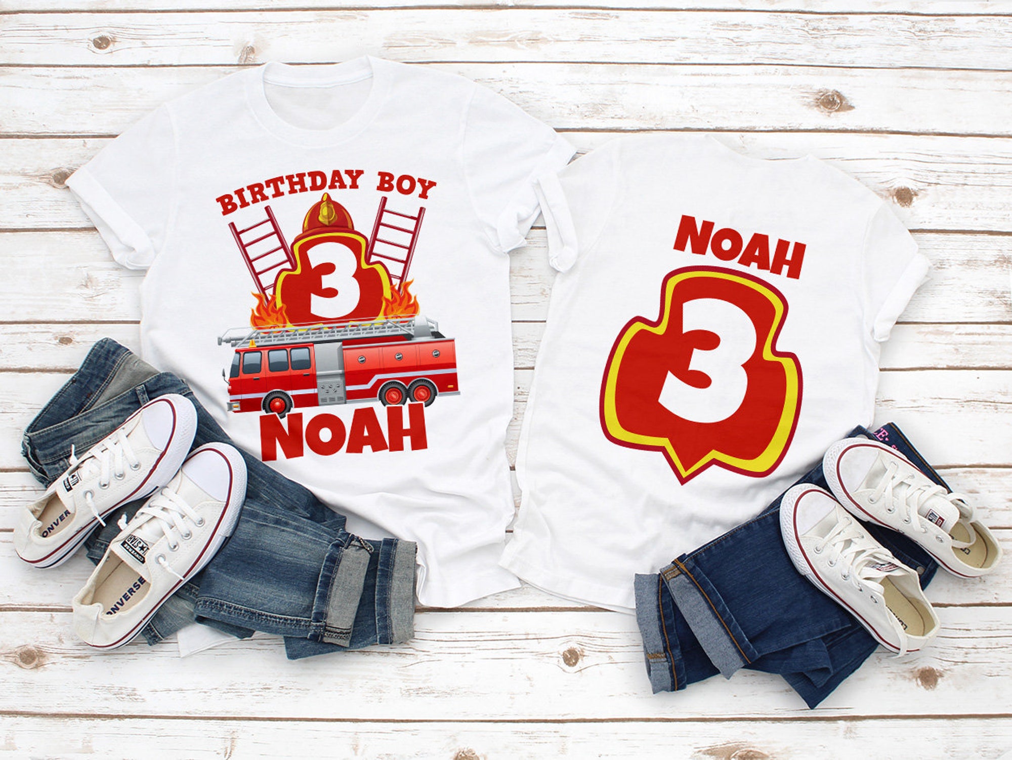 Discover Fireman Birthday Shirt, FireFighter Birthday shirt, Fire Truck Family Birthday shirt, fire engine Matching Family Birthday Tee, White tshirt
