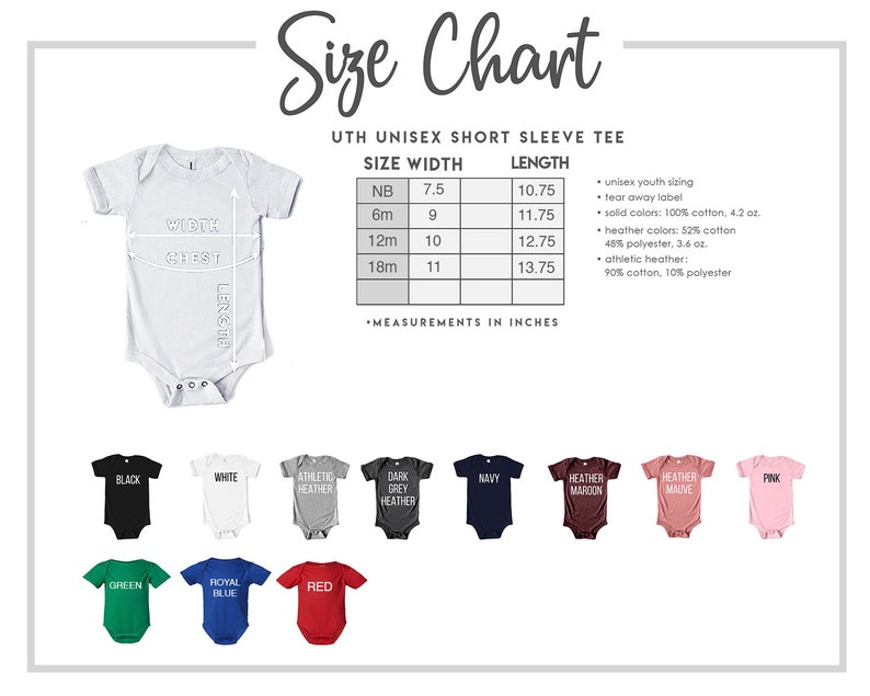 May include: Size chart for unisex short sleeve tees in various colours. The chart shows sizes from newborn to 18 months with corresponding width and length measurements in inches. The chart also lists fabric details for solid colours, heather colours, and athletic heather.