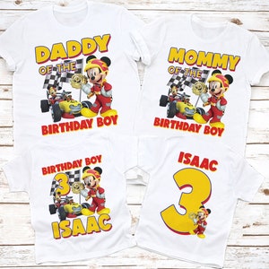 Mickey mouse roadster racers birthday shirt, personalized name and age Mickey racers, mickey white tee, Mickey mouse birthday shirt, Mickey
