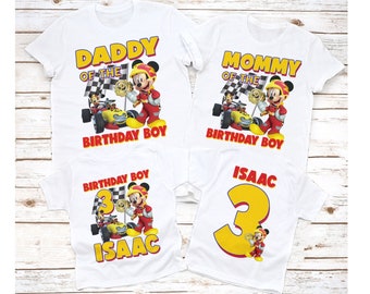 Mickey mouse roadster racers birthday shirt, personalized name and age Mickey racers, mickey white tee, Mickey mouse birthday shirt, Mickey