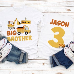 Big brother construction shirt, personalized age and name shirt, Big brother little brother shirts, dump Truck and crane big brother shirt,