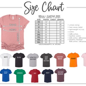 May include: Size chart for Bella + Canvas 3001 unisex jersey t-shirts. The chart shows width, chest, and length measurements in inches for sizes XS to 5XL. The chart also lists the fabric composition for different colours, including 100% cotton, 52% cotton/48% polyester, and 90% cotton/10% polyester.