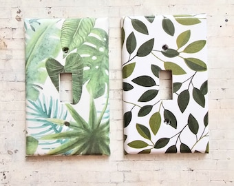 Leaves and nature decor, botanical  themed lightswitch covers, decorated switchplate, leafy tropical home decor , handcrafted lightswitch