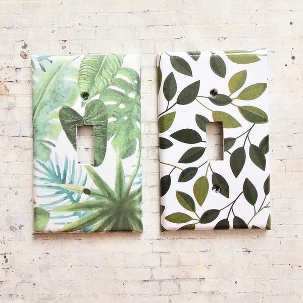 Leaves and nature decor, botanical  themed lightswitch covers, decorated switchplate, leafy tropical home decor , handcrafted lightswitch