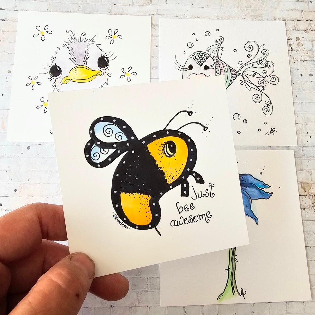 Mini Original Drawing Mini Original Art Pieces, Colorful Small Drawings, Hand Drawn ...
