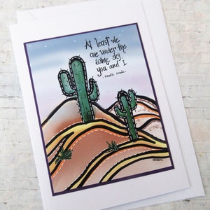 Cartes pour une romance longue distance, tu me manques, cartes pour amis, cartes de voeux faites main, cartes tu me manques, cartes d'art scène désert, amour