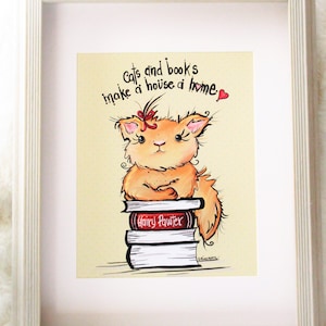 Cat and Books Art Print: Whimsical Cat Lover Gift
