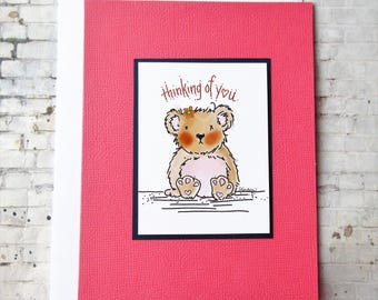Handmade Thinking of  You Card, Pretty Cute teddy bear art card, Blank Inside