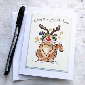 Cartes de Noël faites main fantaisistes, carte de vœux, carte de chat de Noël, Noël unique en son genre, carte de chat Rudolph. chat avec bois