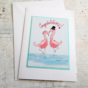 Cartes de mariage flamant rose, cartes de voeux faites main, décoration de mariage unique, cadeaux de mariage, mariage fantaisiste, cartes d'art, jeunes mariés flamant rose