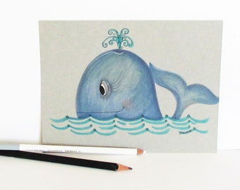 Whimsical Whale Art: Original Copic Marker Drawing (6x8)
