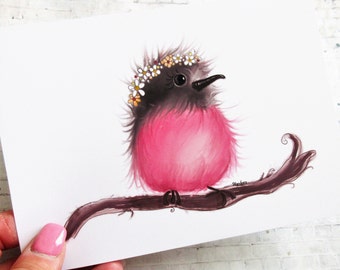 Chubby bird art print, pink belly bird, whimsical baby bird decor, bird with flower crown art print,  nursery decor, animal art prints, bird