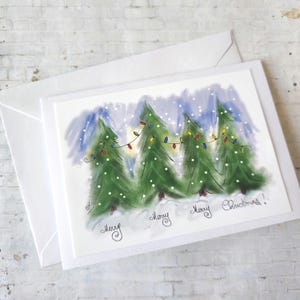 Cartes de scène d'hiver, carte de Noël faite main, cartes de vœux, carte à feuilles persistantes, voeux de Noël, carte de sapin de Noël, Noël fantaisiste