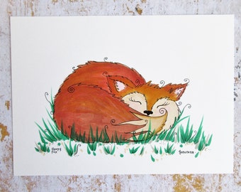 Sleepy fox illustration, colourful fox art, original fox drawing, fox decor, art for nurseries and childrens rooms, fox themed decor