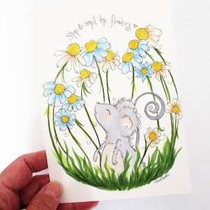 Little mouse art, mouse and flowers illustration, hand drawn whimsical art, animal decor, wildflower decor, gardening art, naturelovers image 1