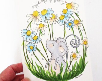 Kleine Mauskunst, Maus- und Blumenillustration, handgezeichnete skurrile Kunst, Tierdekor, Wildblumendekor, Gartenkunst, Naturliebhaber