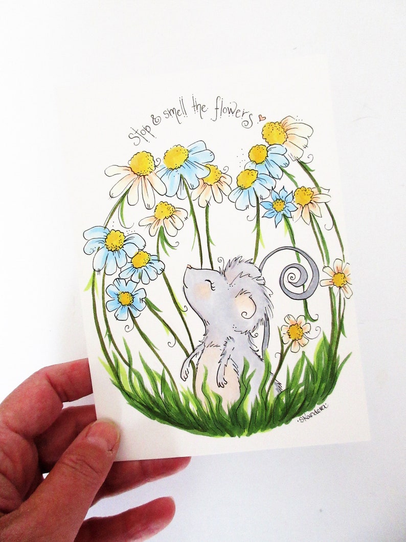 Little mouse art, mouse and flowers illustration, hand drawn whimsical art, animal decor, wildflower decor, gardening art, naturelovers image 1