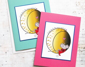 Mouse anniversary card, valentine's,  mouse on the moon, mouse lovers, mouse birthday, illustrated cards, handmade cards, mouse illustration