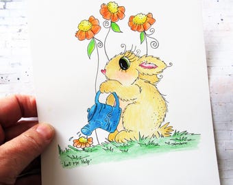 Whimsical pen and watercolor pencil bunny illustration, flowers and rabbit art