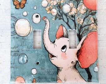 Handcrafted Elephant Decoupage Lightswitch Cover, Whimsical Wall Plate (Double Toggle)