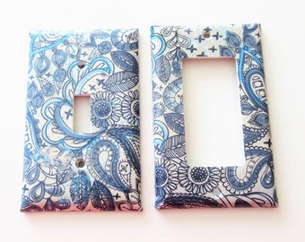 Blue paisley decor, lightswitch covers, Unique decor, switchplates, decorated switchplate, blue bedroom decor , handcrafted lightswitch