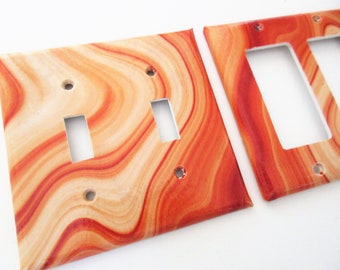 Orange and brown marble style switchplates,  Orange Decor, tie dye decor Lightswitch Cover, one of a kind Lighting Idea, abstract  Decor