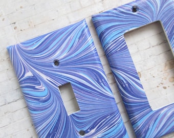 Blue paint swirl decor, lightswitch covers, Unique switchplates, blue abstract wall plate, blue bedroom decor, handcrafted lightswitch