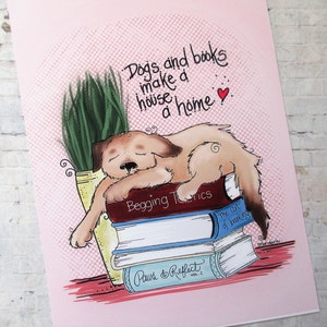 Ilustración de perros y libros, regalos para amantes de los perros, decoración para perros, arte para el hogar, dibujo de perros, impresiones artísticas, obras de arte de perros y libros, citas de perros