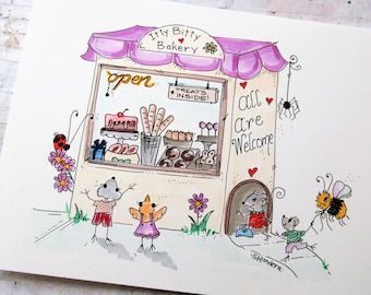 Whimsical Mouse Bakery Pen Ink Illustration, Original colourful  Art