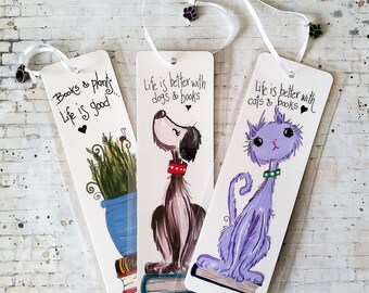 Handmade Cat & Dog Art Bookmark: Plant Lover Gift