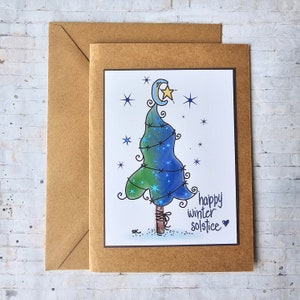 Winter Solstice card, non traditional holiday cards, whimsical holiday cards, solstice notecards, winter  tree solstice art, winter cards