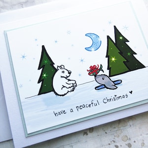 Set of 4 Handmade Christmas Card: Polar Bear & Seal, Bilingual, french christmas