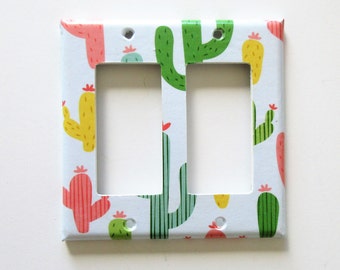 Whimsical cactus decor, cactus themed decor, lightswitch covers, decorated switchplate, colourful home decor, botanical cactus wall art