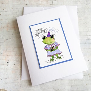 Cute frog birthday card, frog art, whimsical birthday, handmade cards, blank greeting cards, frog lovers, birthday cards, frog birthday