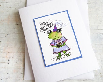 Handmade Frog Birthday Card: Whimsical Art Print, Blank Inside