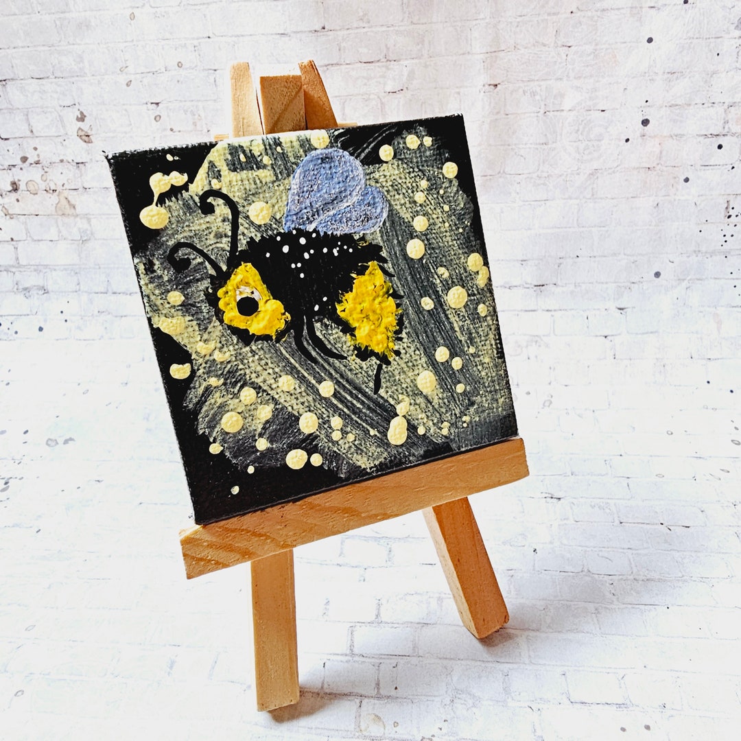 Bumblee Bee Mini Acrylic Painting on Canvas, Acrylic Bee Art, Mini Bee