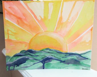 Watercolor Sun Painting: Colorful Nature Art, Hand-Drawn Decor (8x10)