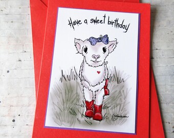 Handmade Baby Lamb Birthday Card, Whimsical Animal Art, Blank Inside