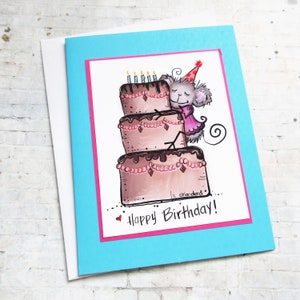 Jolie carte d'anniversaire avec souris, cartes d'anniversaires, jolies cartes de voeux, cartes souris, oeuvres d'art souris, cartes animaux, jeux de mots animaux, cartes vierges, cupcakes