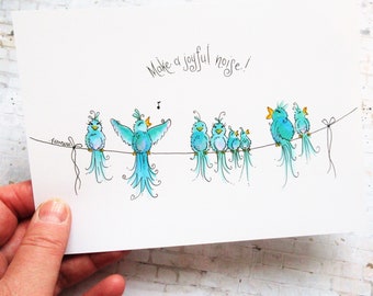 Hand Drawn Bird Art Print: Whimsical Birds on a Wire Illustration